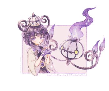 Rule 34 | 1girl, belt, black dress, black hair, blue gloves, blunt bangs, blush, bob cut, chandelier, chandelure, closed mouth, coat, dress, fire, gen 5 pokemon, gloves, gradient hair, gwynn (pokemon), hat, long sleeves, looking at viewer, mega stone, multicolored hair, nintendo, o-ring, o-ring belt, open clothes, open coat, partially fingerless gloves, pokemon, pokemon (creature), pokemon legends: z-a, purple eyes, purple fire, purple hair, ryokuno green, short hair, white coat, yellow eyes