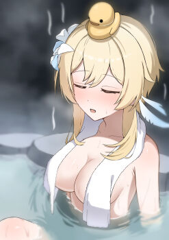 1girl absurdres blonde_hair breasts closed_eyes collarbone feather_hair_ornament feathers flower genshin_impact hair_flower hair_ornament highres jhp987 large_breasts lumine_(genshin_impact) onsen open_mouth partially_submerged rubber_duck short_hair_with_long_locks solo steam towel towel_around_neck white_feathers white_flower