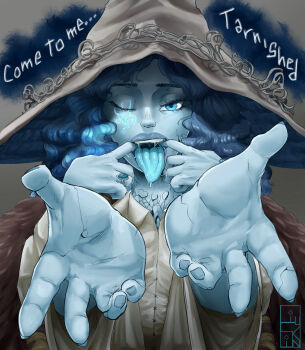1girl absurdres blue_eyes blue_hair blue_lips blue_skin blue_tongue cloak colored_skin colored_tongue cracked_skin elden_ring english_text extra_arms facial_tattoo finger_in_own_mouth fur_cloak glowing glowing_tattoo hat highres jewelry large_hat liuskin long_hair looking_at_viewer nose one_eye_closed open_mouth oral_invitation ornate_ring ranni_the_witch ring saliva solo spread_mouth tattoo teeth tongue tongue_out upper_teeth_only uvula wavy_hair wedding_ring witch_hat