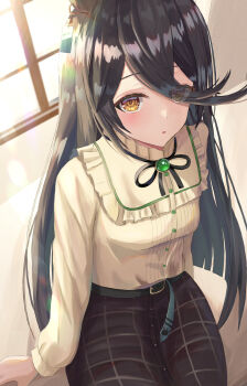 Rule 34 | 1girl, ahoge, animal ears, belt, black belt, black hair, black ribbon, black skirt, blush, breasts, casual, commentary request, ear tag, earrings, frilled shirt, frills, gem, green gem, hair between eyes, highres, horse ears, horse girl, jewelry, long bangs, long hair, long hair between eyes, long sleeves, manhattan cafe (casual) (umamusume), manhattan cafe (umamusume), multicolored hair, neck ribbon, parted lips, ribbon, shirt, shirt tucked in, single earring, sitting, skirt, small breasts, solo, thurumu, umamusume, white hair, yellow eyes, yellow shirt