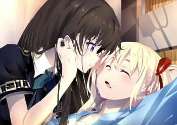 2girls blonde_hair blue_dress blue_shirt brown_hair closed_eyes closed_mouth commentary_request dress hair_ribbon highres inoue_takina long_hair lycoris_recoil lycoris_uniform multiple_girls nishikigi_chisato open_mouth purple_eyes red_ribbon ribbon sengoku_chidori shirt sleeping smile yuri