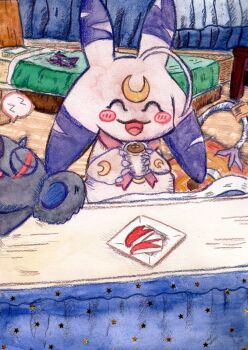 :3 ^_^ absurdres ahoge animal_ears apple apple_rabbit apple_slice beanie bed black_fur blush_stickers claws closed_eyes colored_skin crescent crescent_facial_mark cup digimon digimon_(creature) facial_mark facing_viewer food food_art forehead_mark fruit goggles goggles_on_headwear hat highres holding holding_cup holy_ring huge_ahoge kotatsu lunamon no_humans open_mouth out_of_frame phascomon pietrabrart pink_ribbon pink_skin plate purple_hat ribbon sleeping smile speech_bubble spoken_zzz star_(symbol) table tail tailmon tea traditional_media u_u under_kotatsu under_table zzz