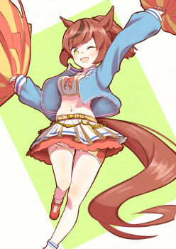 1girl absurdres animal_ears belt blue_jacket blush bow breasts brown_eyes brown_hair cheerleader crop_top highres holding holding_pom_poms horse_ears horse_girl horse_tail jacket long_hair long_sleeves looking_at_viewer medium_breasts midriff multicolored_hair navel nice_nature_(run&amp;win)_(umamusume) nice_nature_(umamusume) one_eye_closed open_clothes open_mouth orange_shorts pom_pom_(cheerleading) pom_poms ponytail shirt shoes shorts shorts_under_skirt skirt smile solo streaked_hair tail tea76225914 umamusume white_skirt yellow_belt