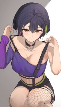 1girl absurdres bare_shoulders black_choker black_hair black_shorts black_sports_bra black_thighhighs blouse bra_strap braid breasts brown_eyes center-flap_bangs chain chain_necklace choker colored_inner_hair commentary_request crop_top double-parted_bangs fishnet_thighhighs fishnets highres jewelry kaekae_kaeru legwear_garter long_sleeves looking_at_viewer medium_breasts multicolored_hair necklace nijisanji no_jacket off-shoulder_shirt off_shoulder official_alternate_costume official_alternate_hair_length official_alternate_hairstyle purple_hair purple_shirt shirt short_hair short_shorts shorts side_braid silver_necklace single_fishnet_legwear single_legwear_garter single_sleeve single_suspender single_thighhigh small_sweatdrop solo sports_bra squatting suspenders_pull thigh_strap thighhighs virtual_youtuber yamagami_karuta yamagami_karuta_(4th_costume)