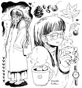 backpack bag bowl_cut breath glasses greyscale highres monochrome oimoti_tn original scarf solo steam white_background