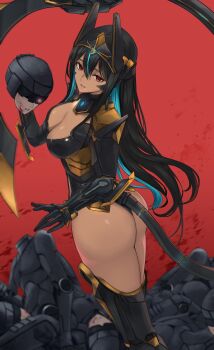 6+girls absurdres aqua_hair armored_bodysuit armored_gloves armored_leotard ass black_hair collared_leotard colored_inner_hair corpse dark-skinned_female dark_skin goddess_of_victory:_nikke head_grab headgear highres indivilia_(nikke) leotard mechanical_tail multicolored_hair multiple_girls nagato_tsumugu red_background red_eyes simple_background tail tail_blade two-sided_gloves