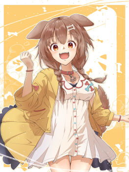 1girl absurdres animal_ears bone_hair_ornament braid brown_eyes brown_hair collar commentary_request dog_ears dog_girl dress hair_ornament highres hololive inugami_korone inugami_korone_(1st_costume) jacket looking_at_viewer medium_hair open_mouth red_collar smile solo twin_braids u_da_desu virtual_youtuber white_dress yellow_jacket