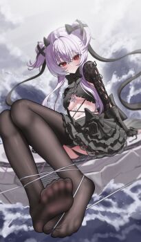 1girl absurdres arm_support between_toes black_bow black_gloves black_panties black_skirt black_thighhighs blush bound bound_feet bow breasts closed_mouth commentary frilled_skirt frills full_body gloves goddess_of_victory:_nikke hair_between_eyes hair_bow highres lace lace_sleeves liberalio_(dreaming_lake)_(nikke) liberalio_(nikke) long_hair long_sidelocks looking_at_viewer maji_(majidesu3) medium_breasts navel no_shoes panties purple_hair red_eyes sidelocks sitting skirt soles solo thighhighs two_side_up underboob underwear very_long_sidelocks