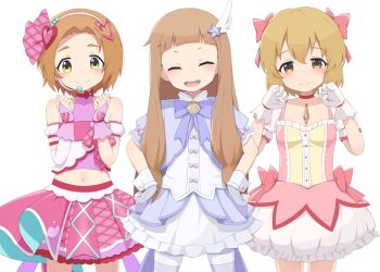 3girls ^_^ absurdres blue_archive blush brown_hair closed_eyes commentary_request cosplay cowboy_shot crop_top cure_idol cure_idol_(cosplay) gloves headset highres ichihara_nina idol_clothes idolmaster idolmaster_cinderella_girls idolmaster_cinderella_girls_u149 kaname_madoka kaname_madoka_(cosplay) kimi_to_idol_precure koga_koharu lineup looking_at_viewer mahou_shoujo_madoka_magica mooramango multiple_girls navel orange_hair pink_gloves pink_skirt precure reisa_(blue_archive) reisa_(blue_archive)_(cosplay) reisa_(magical)_(blue_archive) ryuzaki_kaoru simple_background skirt smile stomach white_background white_gloves white_skirt wrist_cuffs