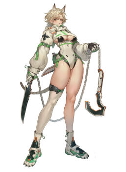 1girl absurdres animal_ears asymmetrical_legwear blonde_hair boots cat_ears cat_girl cat_tail chain dpin_(user_adhr8855) full_body gloves highleg highleg_leotard highres holding holding_weapon hook leotard looking_at_viewer original simple_background single_thighhigh solo standing sword tail thigh_strap thighhighs weapon white_background