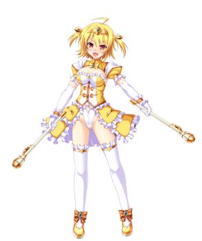 1girl ahoge amagi_nao aoi_masami arty_flare blonde_hair blush breasts chest_jewel cleavage dress dual_wielding elbow_gloves frills full_body game_cg genderswap genderswap_(mtf) gloves highres holding jewelry large_breasts large_variant_set leotard looking_at_viewer magical_girl non-web_source official_art open_mouth puffy_short_sleeves puffy_sleeves red_eyes short_hair short_sleeves showgirl_skirt smile solo standing thighhighs tiara transparent_background ts_magical_girl_nao two_side_up variant_set white_gloves white_thighhighs