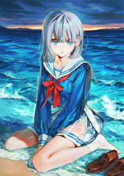 Rule 34 | 1girl, ahoge, beach, blue eyes, blue shirt, bow, bowtie, brown shoes, commentary request, dusk, highres, loafers, long sleeves, looking at viewer, nxmly, ocean, original, outdoors, pleated skirt, red bow, red bowtie, sailor collar, school uniform, serafuku, shirt, shoes, short hair, sitting, skirt, socks, unworn shoes, wariza, water, wet, wet clothes, wet skirt, white hair, white sailor collar, white shirt, white socks, white wrist cuffs, wrist cuffs