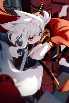 1girl absurdres animal_ear_fluff animal_ears armlet bare_shoulders barefoot eyeliner feet foreshortening fox_ears fox_girl fox_tail gold_armlet hanging highres holding holding_sword holding_weapon inari_(game) izuna_(inari) jewelry kunai long_eyelashes long_hair looking_at_viewer makeup messy_hair motion_blur ninja official_art pale_skin red_eyeliner red_eyes red_scarf red_trim scarf sheath sheathed soles sparkling_eyes sword tail weapon weapon_in_mouth