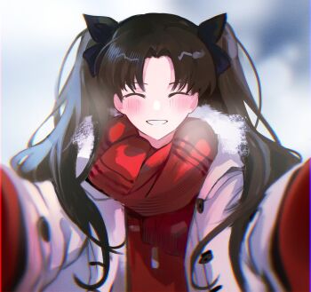 Rule 34 | 1girl, absurdres, blush, brown hair, closed eyes, fate/stay night, fate (series), fur-trimmed jacket, fur trim, grin, hair ribbon, highres, jacket, long hair, long sleeves, outstretched arms, parted bangs, red scarf, red sweater, ribbon, scarf, smile, sweater, tohsaka rin, two side up, white jacket, yotsutsu428