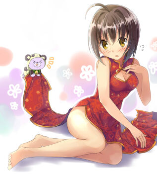 10s 1girl ahoge barefoot black_hair blush brown_eyes china_dress chinese_clothes dress female_focus highres idol idolmaster idolmaster_cinderella_girls kohinata_miho master okemai short_hair solo