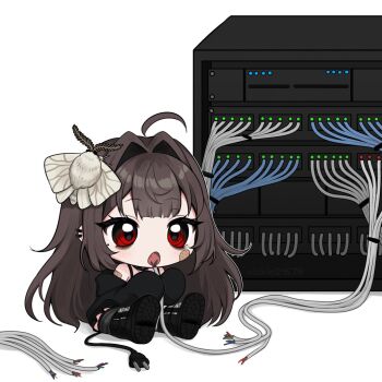 1girl ahoge animal animal_on_head bandaid bandaid_on_arm bandaid_on_cheek bandaid_on_face bare_shoulders black_boots black_jacket boots brown_hair bug cable cable_tail chibi chibi_only computer eating electric_plug electric_plug_tail hair_intakes holding insect jacket long_hair long_sleeves mechanical_tail moth off_shoulder on_head open_mouth original red_eyes server sitting sleeves_past_fingers sleeves_past_wrists solo tail vickie_(cryingrobot) vickie_(cryingrobot)_(character) white_background