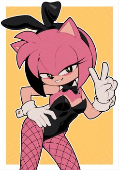 1girl absurdres amy_rose animal_costume animal_ears bow bowtie cuff_links fake_animal_ears fishnet_pantyhose fishnets furry gaturo gloves green_eyes grin highres pantyhose playboy_bunny rabbit_costume rabbit_ears smile sonic_(series) v