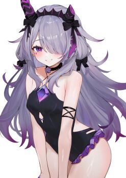 1girl armpit_crease asymmetrical_horns black_one-piece_swimsuit blush breasts chest_jewel choker criss-cross_halter dorahd01 dress fake_horns frilled_one-piece_swimsuit frills gem grey_hair grin hair_flaps hair_over_one_eye hairband halterneck hand_jewel hashtag-only_commentary highres hololive hololive_english horn_hairband horns jewel_under_eye koseki_bijou koseki_bijou_(gore_magala) long_hair looking_at_viewer multicolored_hair one-piece_swimsuit one_eye_covered purple_eyes purple_gem purple_hair sidelocks simple_background small_breasts smile solo swept_bangs swimsuit teeth uneven_horns virtual_youtuber white_background