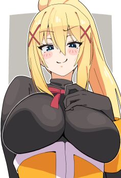1girl black_bodystocking blush_stickers breasts commentary darkness_(konosuba) grey_background hair_between_eyes hair_ornament hand_on_own_chest high_ponytail highres kono_subarashii_sekai_ni_shukufuku_wo! large_breasts long_hair looking_at_viewer neck_ribbon noyama_takenoko ponytail red_ribbon ribbon simple_background smile smirk solo upper_body x_hair_ornament