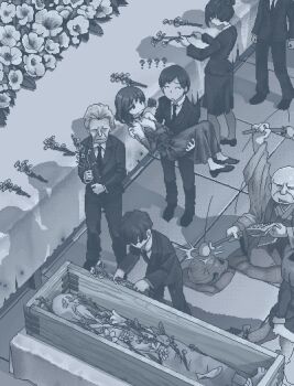 6+boys ? ?? afterimage bald banging bare_shoulders blue_theme bow breasts carrying carrying_person cat_girl cat_tail closed_mouth coffin collared_shirt corpse cushion dress elbow_gloves fish flower flower_in_mouth formal_clothes funeral furry furry_female gloves hair_bun hamsterfragment holding holding_paper jacket long_sleeves medium_hair monk monochrome motion_lines mouth_hold multiple_boys necktie old old_man original pants pantyhose paper princess_carry rose shirt shoes short_hair sitting sleeveless sleeveless_dress spaghetti_strap standing shinohata_sachie_(hamsterfragment) suit table tablecloth tail tail_bow tail_ornament wide_sleeves wooden_fish zabuton