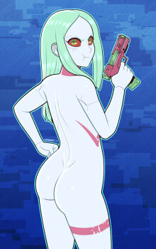 annoyed artificial_eye ass back colored_sclera colored_skin completely_nude cyberpunk:_edgerunners cyberpunk_(series) cyborg deadmann_artworks green_hair gun hand_on_own_hip handgun highres leg_tattoo looking_at_viewer looking_back mechanical_eye medium_hair neck_tattoo nude pink_tattoo rebecca_(cyberpunk) red_pupils red_sclera tattoo weapon white_skin