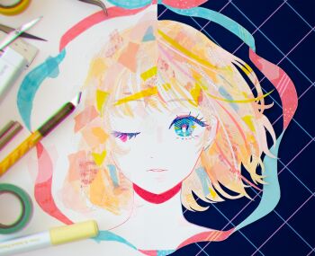 1girl aqua_ribbon art_tools_in_frame blonde_hair blue_eyes colored_eyelashes commentary_request cropped_head grid_background highres hobby_knife holding holding_marker marker marker_(medium) masking_tape_(medium) medium_hair mixed_media multicolored_eyes multicolored_hair one_eye_closed orange_hair original parted_lips photo_(medium) pink_hair pink_ribbon ribbon ruler ryono scissors sidelocks signature solo split_theme straight-on streaked_hair traditional_media two-sided_ribbon unconventional_media washi_tape_(object) white_background wispy_bangs