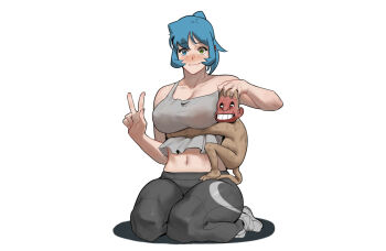 1girl black_leggings blue_eyes blue_hair blush breasts cleavage fang green_eyes heterochromia hong_doo large_breasts leggings monkey navel shoes short_hair simple_background sitting sneakers tank_top thick_thighs thighs v white_background