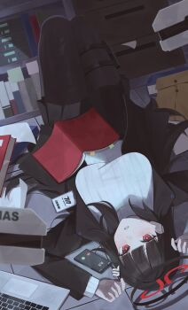 1girl absurdres black_hair black_halo black_skirt black_suit blue_archive blunt_bangs blush book book_stack bookmark breasts bright_pupils computer en_(li.lin) formal_clothes halo highres holster laptop large_breasts long_hair lying multicolored_halo name_tag pantyhose phone pleated_skirt red_eyes red_halo rio_(blue_archive) skirt solo suit sweater thigh_holster turtleneck turtleneck_sweater two-tone_halo white_pupils white_sweater