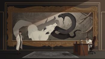 1boy 1girl absurdres black_hair black_shirt book book_stack chair coat collared_shirt cup desk desk_lamp elbow_rest from_side full_body han_sooyoung hands_in_pockets head_rest highres kim_dokja lamp light_rays looking_at_another matching_outfits official_alternate_costume omniscient_reader&#039;s_viewpoint open_clothes open_coat painting_(object) pen rug scenery shirt short_hair slouching snake umbrvx white_coat wide_shot wolf