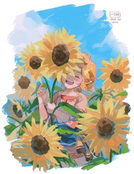 1boy aged_down blonde_hair blue_sky border child closed_eyes dated field flower flower_field holding holding_flower light_blush link male_focus nintendo open_mouth pointy_ears rain_rkgk sidelocks sky smile solo sunflower sunflower_field the_legend_of_zelda the_legend_of_zelda:_breath_of_the_wild the_legend_of_zelda:_tears_of_the_kingdom white_border