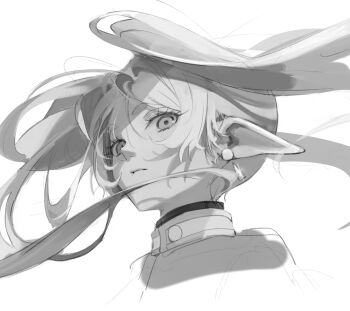 1girl absurdres bbul_horn closed_mouth earrings elf frieren greyscale high_collar highres jewelry long_hair looking_at_viewer meme monochrome pointy_ears solo sousou_no_frieren twintails upward_angle_frieren_drawing_(meme)