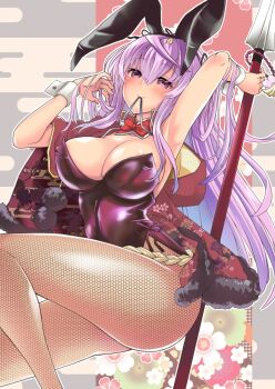 Rule 34 | 1girl, animal ears, armpits, bare shoulders, blush, breasts, cleavage, closed mouth, fishnet thighhighs, fishnets, highres, holding, holding weapon, japanese clothes, kimono, large breasts, long hair, playboy bunny, polearm, purple hair, rabbit ears, red eyes, ribbon, sengoku bushouki muramasa, shinjitsu (true ride), smile, solo, spear, thighhighs, thighs, toudou takatora (sengoku bushouki muramasa), weapon