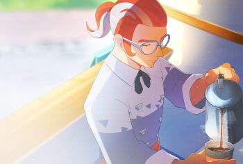 1boy a_logs absurdres backlighting black_bow black_bowtie bow bowtie closed_eyes coffee_pot cup disposable_coffee_cup disposable_cup glasses grisham_(pokemon) hair_pulled_back highres holding_coffee_pot light_particles light_smile lower_eyelashes_only male_focus multicolored_hair nintendo orange_hair pokemon pokemon_legends:_z-a ponytail pouring short_ponytail solo two-tone_hair upper_body white-framed_eyewear white_hair