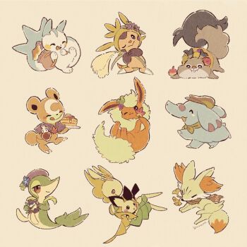 apple autumn_leaves beret blue_flower bottle brown_hat chespin clothed_pokemon elephant fennekin flareon flower flower_in_mouth food fruit gen_1_pokemon gen_2_pokemon gen_4_pokemon gen_5_pokemon gen_6_pokemon gen_8_pokemon hat hat_flower holding holding_bottle holding_food leaf leavanny maple_syrup mouth_hold nintendo no_humans one_eye_closed pachirisu pancake pancake_stack phanpy pichu plate pokemon pokemon_(creature) simple_background skwovet snivy squirrel teddiursa yellow_background yellow_flower yurano_(upao)