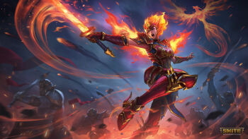 1girl 4boys absurdres amaterasu_(house_phoenix)_(smite) amaterasu_(smite) armor bird english_text fire flaming_sword flaming_weapon green_eyes highres holding holding_sword holding_weapon logo multiple_boys official_alternate_costume official_art open_mouth pauldrons phoenix shoulder_armor smite solo_focus sword weapon