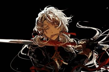 Rule 34 | 1boy, ateveryone, black background, black gloves, black jacket, blade (honkai: star rail), blade to throat, blood, blood on neck, bloody weapon, chinese clothes, chinese commentary, closed eyes, closed mouth, commentary, earrings, facing viewer, gloves, hair ribbon, highres, holding, holding sword, holding weapon, honkai: star rail, honkai (series), jacket, jewelry, jian (weapon), long hair, long sleeves, male focus, red ribbon, ribbon, ribbon earrings, single earring, slit throat, solo, suicide, swept bangs, sword, sword tassel, sword to throat, tassel, upper body, weapon, white hair, wrinkled skin, yingxing (honkai: star rail)