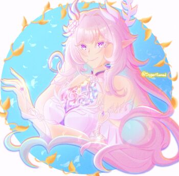 1girl bare_shoulders breasts cyrene_(honkai:_star_rail) cyrene_(ripples_of_past_reverie)_(honkai:_star_rail) detached_sleeves dress highres honkai:_star_rail honkai_(series) jewelry large_breasts long_hair looking_at_viewer pink_hair purple_eyes ring sayerita twitter_username white_dress