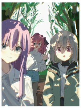 3girls abbabarri black_pantyhose black_ribbon blue_eyes blue_shorts collared_shirt commentary_request green_jacket grey_hair gujyo_kanade hair_ribbon highres jacket kamiina_botan kamiina_botan_yoeru_sugata_wa_yuri_no_hana long_hair looking_at_viewer multiple_girls open_mouth outdoors pantyhose pink_hair purple_eyes purple_hair ribbon shirt short_hair shorts smile sweater tonami_ibuki tree turtleneck turtleneck_sweater two_side_up v white_shirt white_sweater