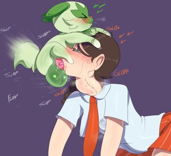 >_< 1boy 1girl all_fours animal_penis bestiality blush braid braided_ponytail breasts brown_eyes brown_hair cat cat_penis covered_erect_nipples deep_penetration deepthroat english_text fellatio half-closed_eyes heart hetero highres huge_penis irrumatio juliana_(pokemon) large_testicles long_hair medium_breasts motion_blur motion_lines necktie nintendo nipples oral orange_shorts penis pokemon pokemon_sv pokephilia purple_background school_uniform shirt shorts spiked_penis sprigatito striped_clothes striped_shorts tail tayuri testicles throat_bulge uncensored white_shirt