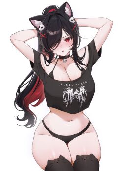 1girl animal_ear_fluff animal_ears arms_behind_back arms_up artist_request black_bra black_choker black_hair black_panties black_shirt black_thighhighs bra breasts choker cleavage clothes_writing commentary crop_top crop_top_overhang cropped_shirt english_commentary hair_ornament hair_over_one_eye highres indie_virtual_youtuber jewelry large_breasts long_bangs midriff multicolored_hair navel no_pants off-shoulder_shirt off_shoulder one_eye_covered open_mouth panties parted_bangs pendant pendant_choker ponytail print_shirt red_eyes red_streaks second-party_source shirt short_sleeves simple_background sitting skindentation skull_hair_ornament skull_pendant solo streaked_hair suki_(vtuber) thighhighs underwear white_background x_hair_ornament