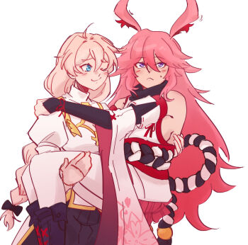 Rule 34 | 2girls, ahoge, animal ear fluff, animal ears, blue eyes, blush, bow, braid, carrying, commentary, detached sleeves, english commentary, floral print, hair between eyes, highres, honkai (series), honkai impact 3rd, japanese clothes, kallen kaslana, khyu, long hair, multiple girls, one eye closed, pink hair, princess carry, puffy sleeves, purple eyes, rope, shimenawa, white background, white hair, yae sakura, yae sakura (gyakushinn miko), yuri