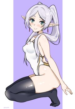 Rule 34 | 1girl, absurdres, aiuti, alternate costume, black thighhighs, breasts, commentary request, earrings, elf, floating earrings, frieren, green eyes, highleg, highleg one-piece swimsuit, highres, jewelry, kneeling, long hair, multicolored swimsuit, one-piece swimsuit, pointy ears, small breasts, smile, solo, sousou no frieren, swimsuit, teardrop earrings, thighhighs, twintails, white hair