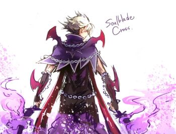 Rule 34 | 1boy, black shirt, blonde hair, brown gloves, brown pants, capelet, chain, character name, closed mouth, commentary request, cowboy shot, dual wielding, fingerless gloves, fire, flaming sword, flaming weapon, from behind, gloves, gobaku no hito, holding, holding sword, holding weapon, male focus, pants, purple capelet, purple fire, ragnarok masters, ragnarok online, shirt, short hair, solo, soulblade cross (ragnarok masters), sword, weapon, white background