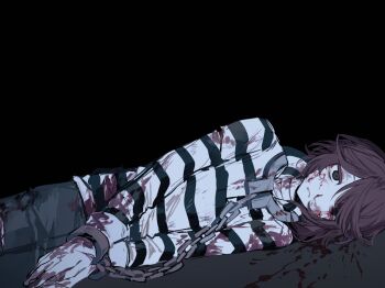 1boy alternate_hairstyle androgynous bandaged_neck bandages blood blood_on_clothes blood_on_face blood_on_ground brown_hair bruise bruised_eye chain collar commentary cowboy_shot cuffs empty_eyes green_eyes hair_down handcuffs highres identity_v injury looking_at_viewer luca_balsa lying male_focus medium_hair metal_collar nki_ki_ki nosebleed on_side popped_collar shirt solo striped_clothes striped_shirt symbol-only_commentary