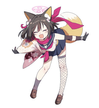1girl :d ^_^ animal_ear_fluff animal_ears bent_over black_gloves black_socks blue_archive blue_sailor_collar blush brown_eyes brown_hair brown_shoes closed_eyes commentary_request eyeliner eyeshadow facing_viewer fang fishnet_thighhighs fishnets fox_ears fox_girl fox_hair_ornament fox_tail full_body gloves hair_intakes halo happy highres izuna_(blue_archive) kisaka loafers makeup medium_hair miniskirt neckerchief one_side_up open_mouth outstretched_arms partially_fingerless_gloves pink_eyeshadow pink_halo pleated_skirt red_neckerchief red_scarf sailor_collar scarf school_uniform serafuku shirt shoes simple_background single_sock single_thighhigh skin_fang skirt smile socks solo spread_arms standing tail thighhighs white_background white_shirt