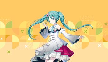 1girl ;) aqua_eyes aqua_hair aqua_necktie closed_mouth clover collared_dress colorful_palette detached_sleeves dress game_cg gradient_clothes gradient_dress gradient_sleeves grey_dress grey_sleeves hair_between_eyes hair_ornament hatsune_miku highres idol_clothes initial letter_hair_ornament long_hair long_sleeves more_more_jump!_miku necktie official_art one_eye_closed orange_background project_sekai shamrock sleeveless sleeveless_dress smile solo third-party_source triangle twintails twintails_with_braided_base vocaloid white_dress white_sleeves