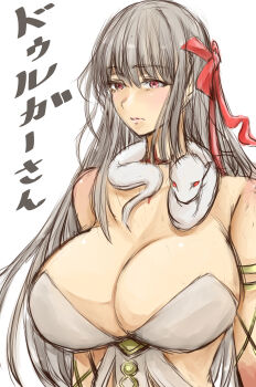 1girl absurdres ancient_indian_clothes armlet bare_shoulders breasts cleavage durga_(fate) durga_(first_ascension)_(fate) earrings fate/grand_order fate_(series) hair_ribbon highres indian jewelry kapi_pon large_breasts long_hair looking_at_viewer red_eyes revealing_clothes ribbon shadow sketch snake snake_wrapped_around_neck solo white_snake