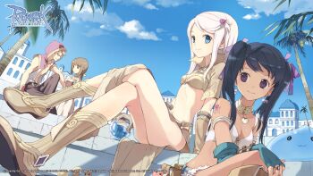 1boy 3girls acolyte_(ragnarok_online) angeling baby_animal belt belt_pouch bikini bikini_top_only bird black_hair blonde_hair blue_eyes blue_gloves blue_shorts blue_sky book boots bow breasts brown_belt brown_bikini brown_capelet brown_eyes brown_footwear brown_gloves brown_hair brown_pants brown_skirt building capelet champion_(ragnarok_online) charm_(object) chick closed_mouth cloud coat copyright_notice elbow_gloves feet_out_of_frame fingerless_gloves fur-trimmed_shorts fur_trim gloves hair_bow hair_ornament heart heart_hair_ornament highres holding holding_book hood hood_up hooded_coat in-universe_location jewelry logo long_hair looking_at_viewer looking_to_the_side mage_(ragnarok_online) marin_(ragnarok_online) midriff multicolored_coat multiple_girls navel official_art official_wallpaper ornate_ring palm_tree pants picky_(ragnarok_online) potion pouch purple_bow purple_eyes ragnarok_online ring short_shorts shorts shoulder_tattoo sitting skirt sky sleeveless sleeveless_coat slime_(creature) small_breasts smile swept_bangs swimsuit tattoo tiv tree twintails two-tone_coat white_bikini white_coat white_hair whitesmith_(ragnarok_online)