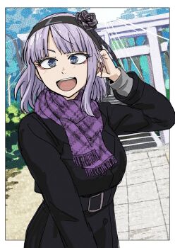 Rule 34 | 1girl, absurdres, belt buckle, black coat, blue eyes, buckle, coat, dagashi kashi, hair ornament, highres, nail polish, open mouth, purple hair, purple scarf, reiquant, scarf, shidare hotaru, torii
