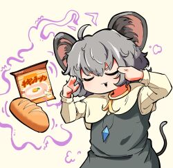 Rule 34 | 1girl, ahoge, animal ears, baguette, bread, capelet, closed eyes, commentary request, cookie (touhou), cowboy shot, crystal, dress, flat chest, food, grey background, grey dress, grey hair, highres, instant ramen, jewelry, long sleeves, medium bangs, mouse ears, mouse girl, mouse tail, nazrin, nissin chicken ramen, nyon (cookie), odoro (nicoseiga81184094), open mouth, pendant, pinafore dress, shirt, short hair, sleeveless, sleeveless dress, solo, tail, telekinesis, touhou, white capelet, white shirt